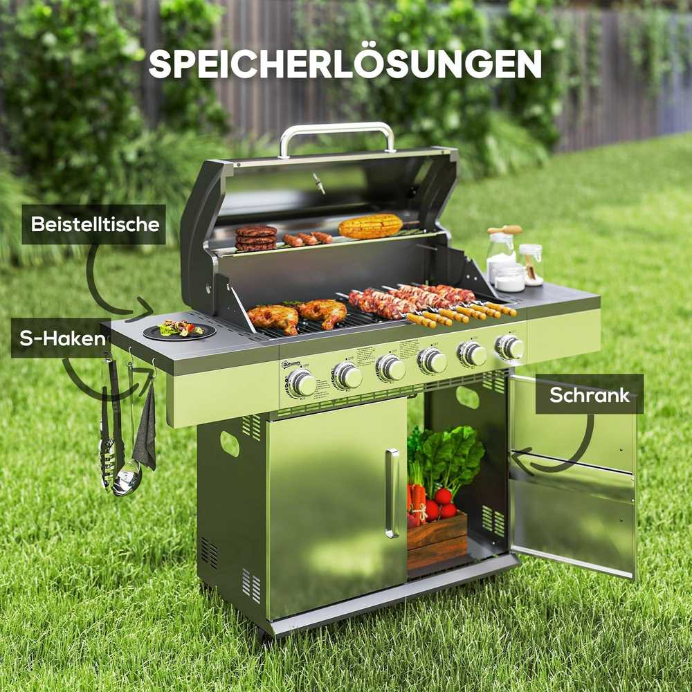 Outsunny dujinis grilis 8500 BTU vežimėlis su 6 nerūdijančio plieno degikliais, termometru, slėgio reguliatoriumi, žarna ir šoninėmis lentynomis, 141 x 55 x 110 cm