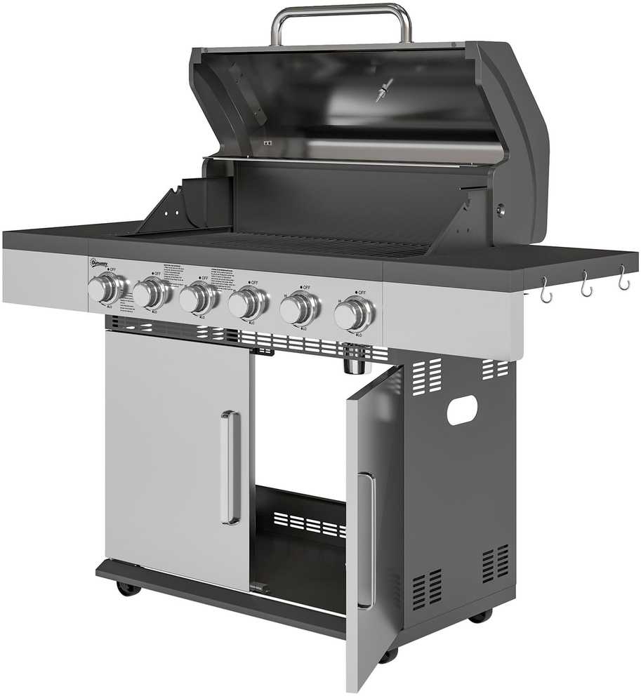 Outsunny dujinis grilis 8500 BTU vežimėlis su 6 nerūdijančio plieno degikliais, termometru, slėgio reguliatoriumi, žarna ir šoninėmis lentynomis, 141 x 55 x 110 cm
