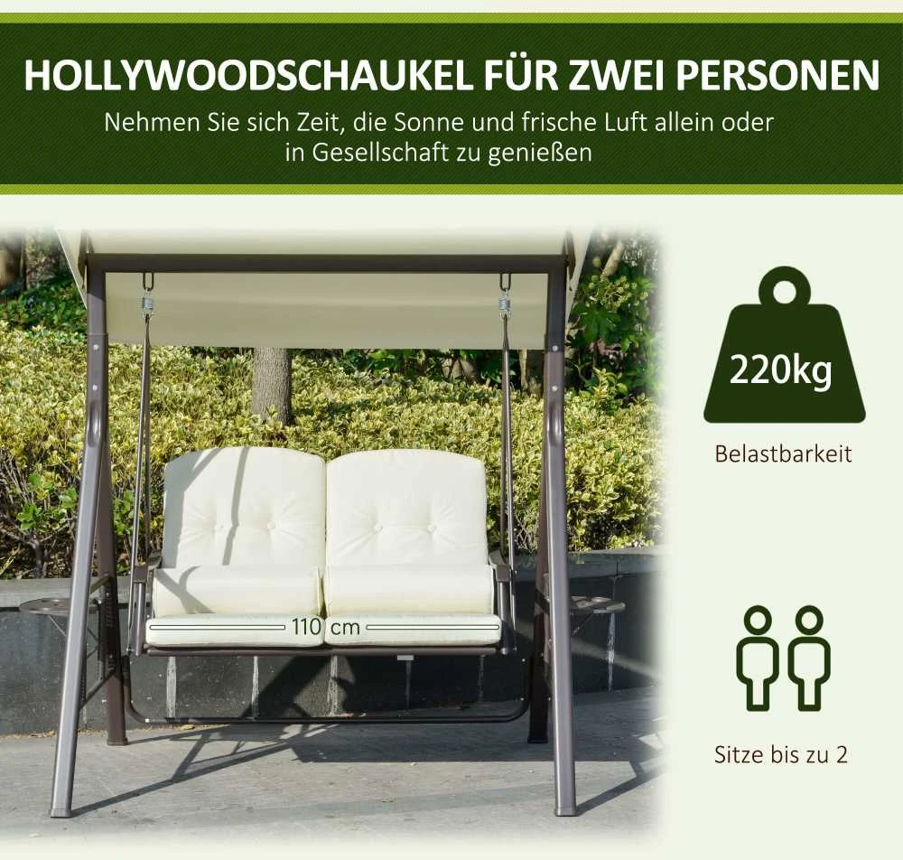 "Outsunny" dvivietės supynės "Hollywood" Jaukios sodo supynės su stogeliu nuo saulės, pagalvėlėmis ir dėže, metalas, poliesteris, smėlio spalvos, 162x118x173cm