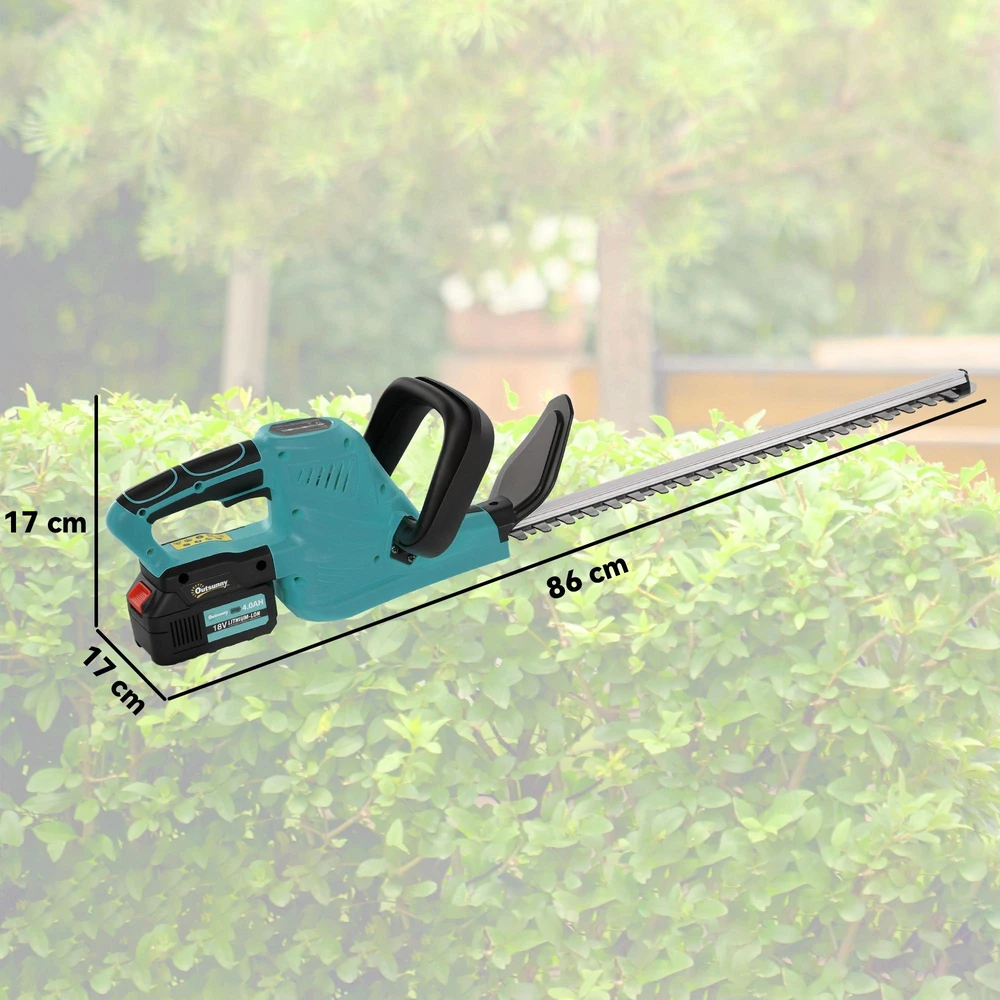 „Outsunny“ elektrinės gyvatvorių žirklės, akumuliatorinis elektrinis gyvatvorių pjūklas su 51 cm pjovimo ilgiu, variklis, akumuliatorius, mėlynos