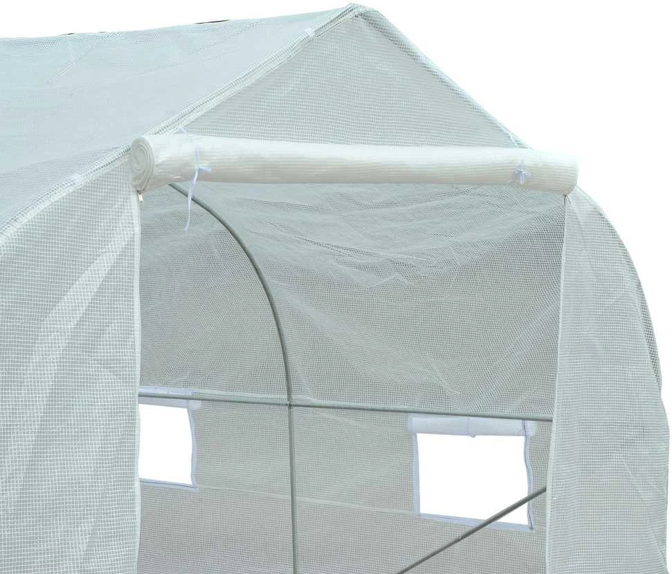 „Outsunny“ plėvelinis šiltnamis 3,5x3x3 m, apsauga nuo UV spindulių, pomidorų namelis, tinkliniai langai, atsparus vėjui, sodui ir balkonui, metalinis, baltas