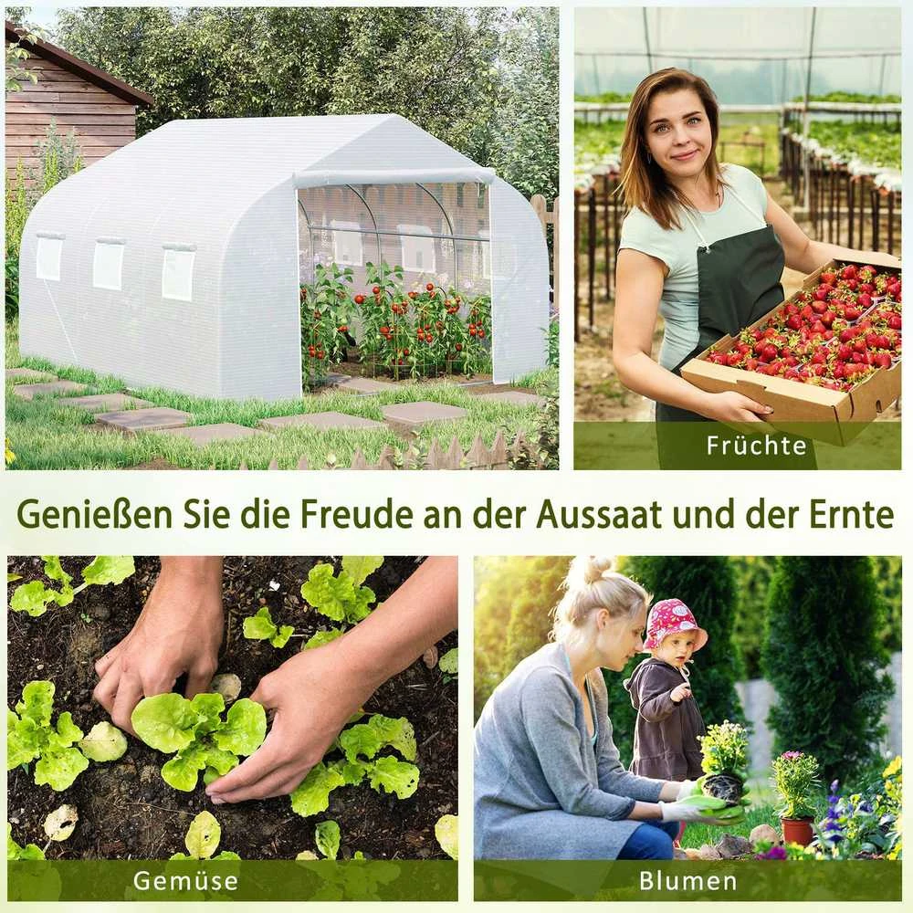 Outsunny plėvelinis šiltnamis 4,45x2,99x2,05m, apsauga nuo UV spindulių, pomidorų šiltnamis, tinklelio langai, atsparus vėjui, metalinis, baltas