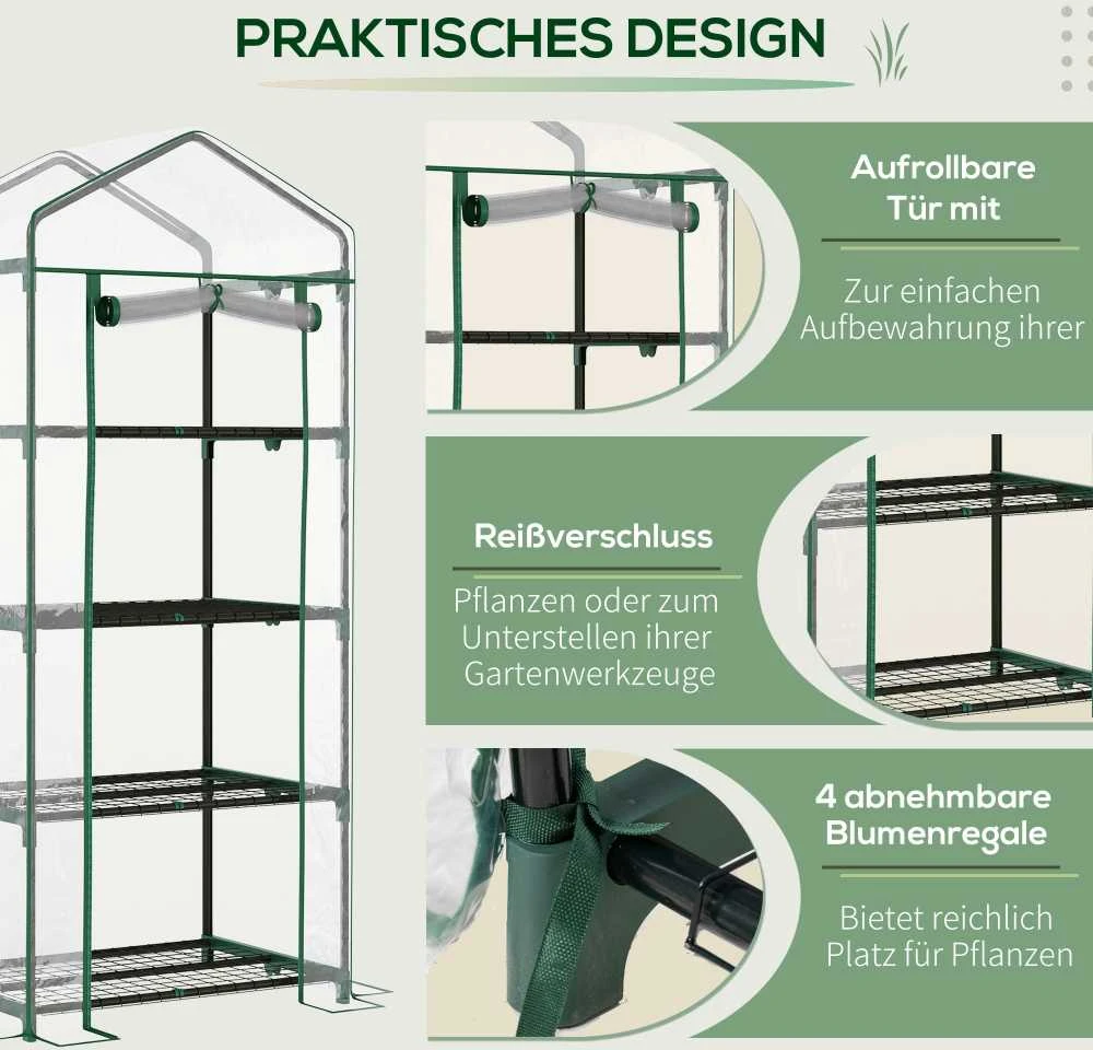 "Outsunny" folijos šiltnamis pomidorams, 4 lentynos, šaldymo rėmas, žalias, 70x50x160cm