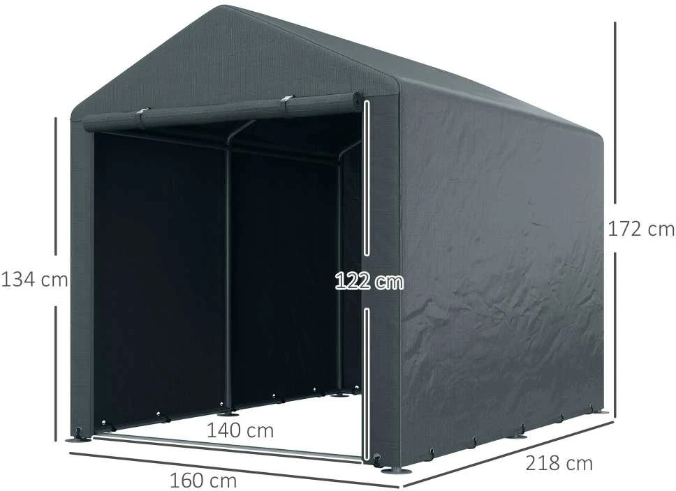 Outsunny garažo palapinė, 1,6 x 2,18 x 1,72 m sandėliavimo palapinė su UV apsauga, užtraukiamos durys, vandeniui atspari plėvelinė garažo palapinė sodo įrankiams, motociklams, tamsiai pilka | Aosom