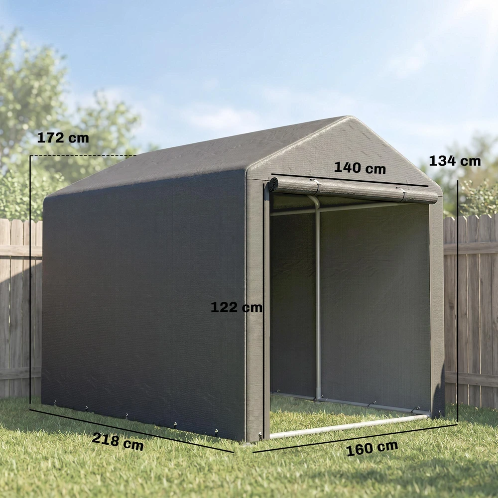 Outsunny garažo palapinė, 1,6 x 2,18 x 1,72 m sandėliavimo palapinė su UV apsauga, užtraukiamos durys, vandeniui atspari plėvelinė garažo palapinė sodo įrankiams, motociklams, tamsiai pilka | Aosom