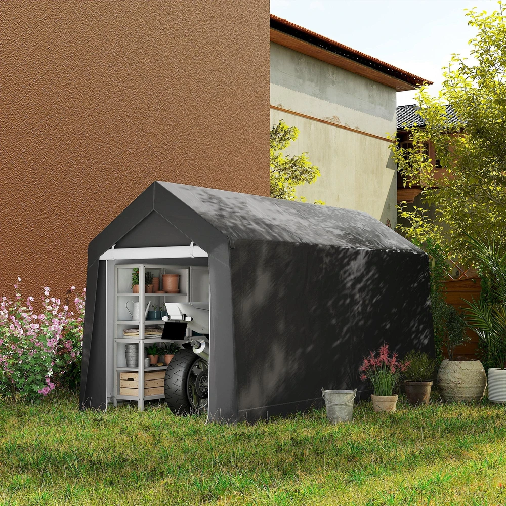 Outsunny garažo palapinė, 2,1 x 3,6 x 2,35 m sandėliavimo palapinė su apsauga nuo UV spindulių, užtraukiamos durys, vandeniui atspari plėvelinė garažo palapinė motociklams, sodo įrankiams, tamsiai pilka
