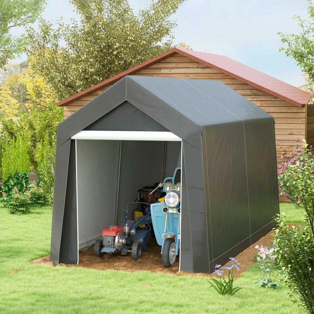 Outsunny garažo palapinė, 2,1 x 3,6 x 2,35 m sandėliavimo palapinė su apsauga nuo UV spindulių, užtraukiamos durys, vandeniui atspari plėvelinė garažo palapinė motociklams, sodo įrankiams, tamsiai pilka