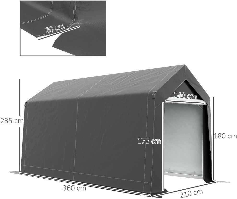 Outsunny garažo palapinė, 2,1 x 3,6 x 2,35 m sandėliavimo palapinė su apsauga nuo UV spindulių, užtraukiamos durys, vandeniui atspari plėvelinė garažo palapinė motociklams, sodo įrankiams, tamsiai pilka