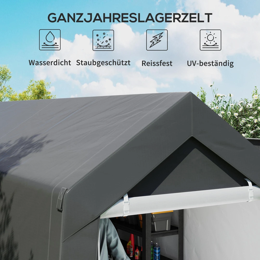 Outsunny garažo palapinė, 2,1 x 3,6 x 2,35 m sandėliavimo palapinė su apsauga nuo UV spindulių, užtraukiamos durys, vandeniui atspari plėvelinė garažo palapinė motociklams, sodo įrankiams, tamsiai pilka