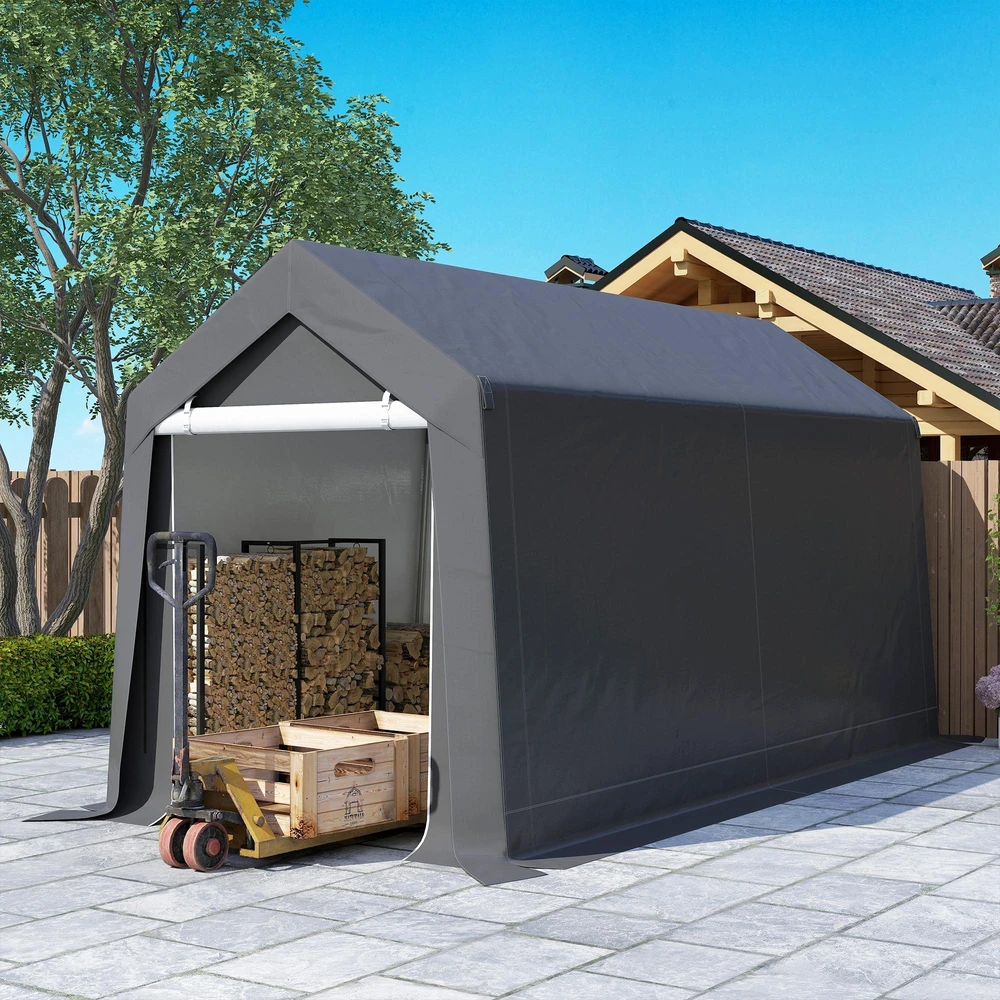 Outsunny garažo palapinė, 2,1 x 3,6 x 2,35 m sandėliavimo palapinė su apsauga nuo UV spindulių, užtraukiamos durys, vandeniui atspari plėvelinė garažo palapinė motociklams, sodo įrankiams, tamsiai pilka