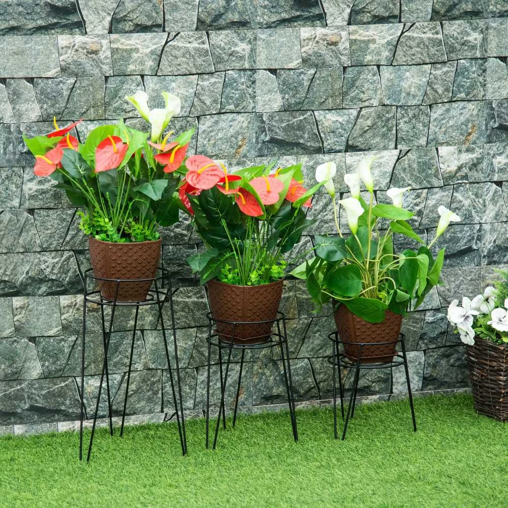 „Outsunny“ metalinis gėlių stovas, 3 dalių rinkinys, augalų stovų rinkinys, gėlių vazonų laikikliai iki Ø16 cm skersmens vazonams, juodas