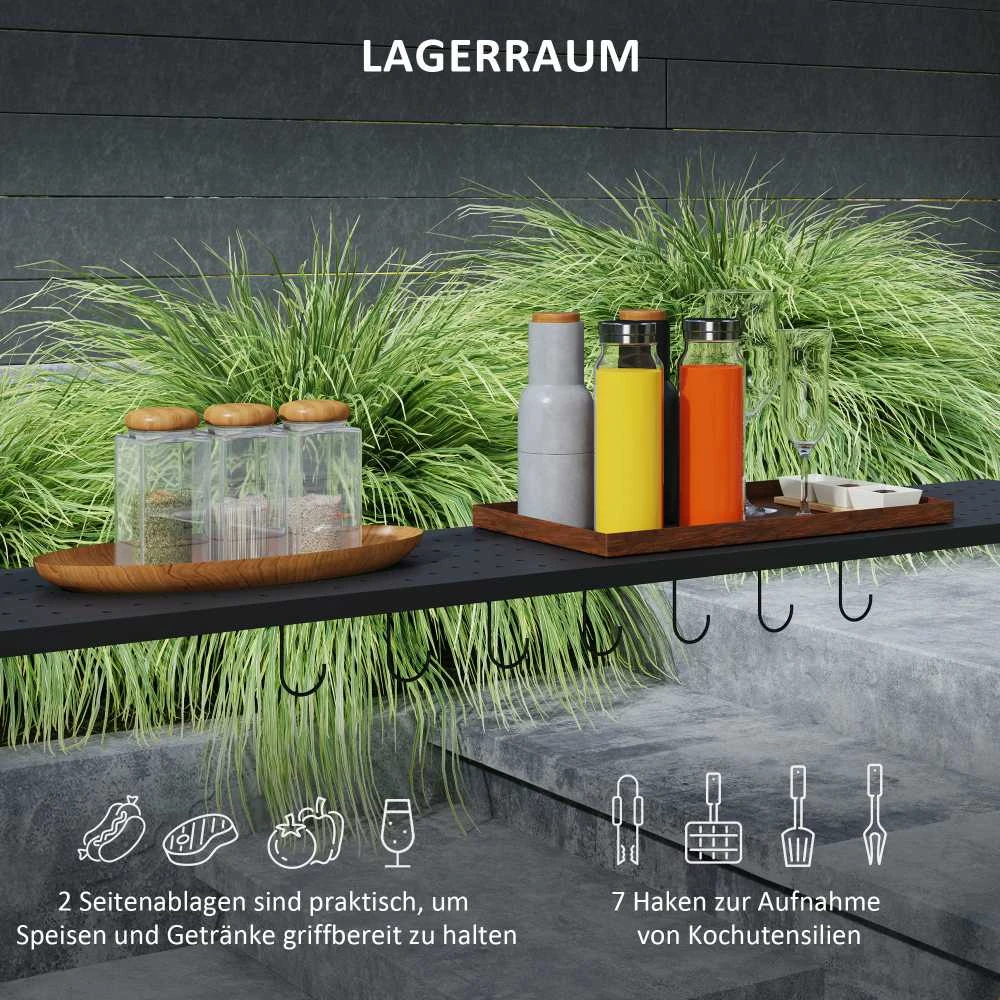 Outsunny kepsninių pavėsinė 233 x 110 x 235 cm, vėjui atspari sodo pavėsinė su dvigubu stogu, lentynomis, sodo pavėsinė su apsauga nuo UV spindulių, plieninė BBQ pavėsinė, sodo palapinė kepsninei, tamsiai pilka