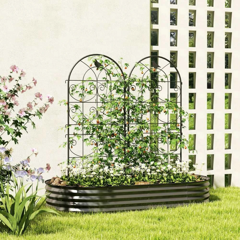 Outsunny metalinė grotelė vijokliniams augalams, 2 vnt. rinkinys, įsmeigiama, nerūdijanti, su paukščių motyvu, 50x120 cm, atrama pomidorams, gėlėms ir kambariniams augalams, juoda