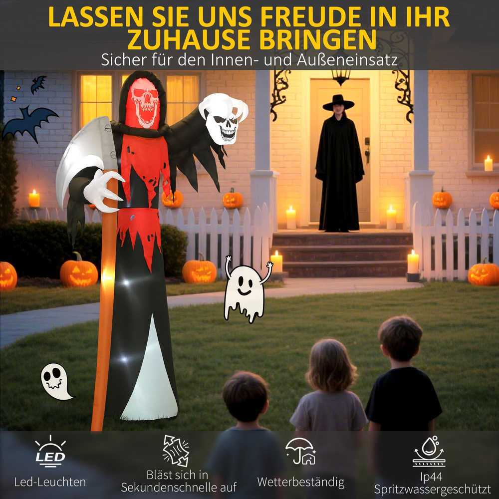Outsunny Helovino dekoracija 3,7 m milžiniškas Grimėjas su LED apšvietimu Šviečianti pripučiama figūra laukui