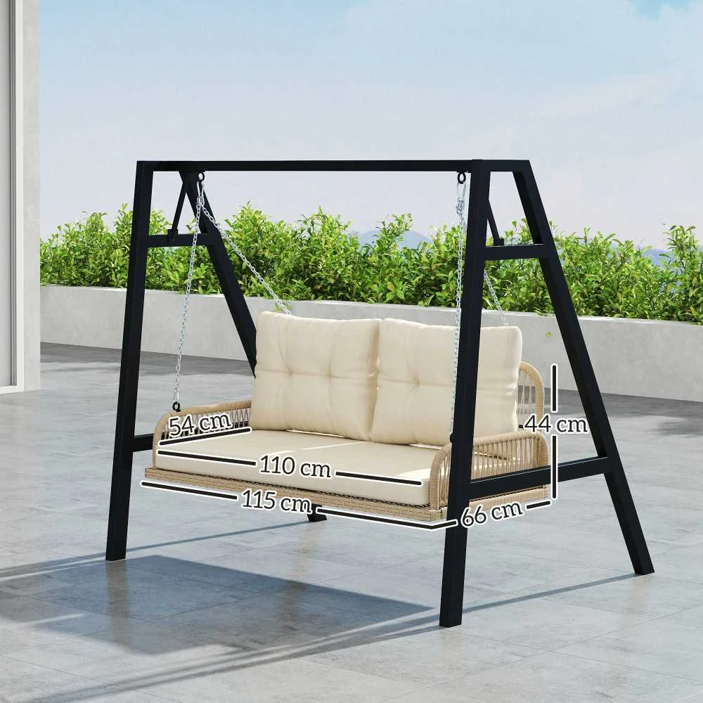 Outsunny 2-vietė ratano sodo sūpynė su pagalvėlėmis, grandinėmis, pakabinamas suoliukas, keliamoji galia iki 240 kg, kabančios sūpynės, sodo suoliukas, skirtas sodui ir balkonui, 115 x 66 x 44 cm, smėlio spalvos
