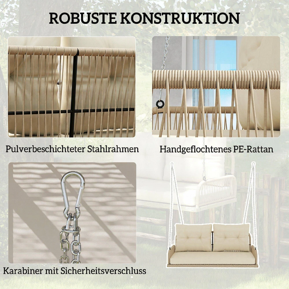 Outsunny 2-vietė ratano sodo sūpynė su pagalvėlėmis, grandinėmis, pakabinamas suoliukas, keliamoji galia iki 240 kg, kabančios sūpynės, sodo suoliukas, skirtas sodui ir balkonui, 115 x 66 x 44 cm, smėlio spalvos