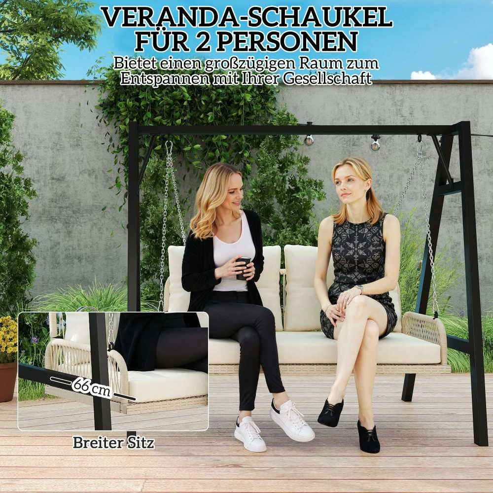 Outsunny 2-vietė ratano sodo sūpynė su pagalvėlėmis, grandinėmis, pakabinamas suoliukas, keliamoji galia iki 240 kg, kabančios sūpynės, sodo suoliukas, skirtas sodui ir balkonui, 115 x 66 x 44 cm, smėlio spalvos