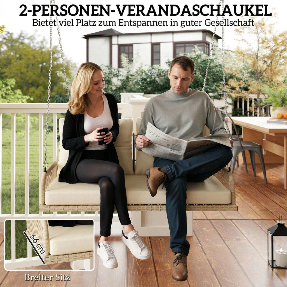 Outsunny 2-vietė ratano sodo sūpynė su pagalvėlėmis, grandinėmis, pakabinamas suoliukas, keliamoji galia iki 240 kg, kabančios sūpynės, sodo suoliukas, skirtas sodui ir balkonui, 115 x 66 x 44 cm, smėlio spalvos