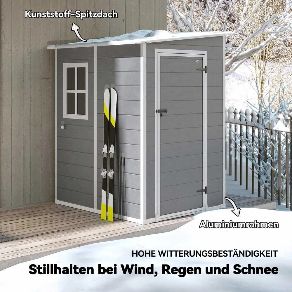 Outsunny sodo namelis, 1,54 m³, su vienšlaičiu stogu, 122 x 149 x 192/177 cm, rakinamas sandėliukas su langais, dviračių garažas, aliumininė sodo spinta, skirta kiemui, sodui, pilkos spalvos