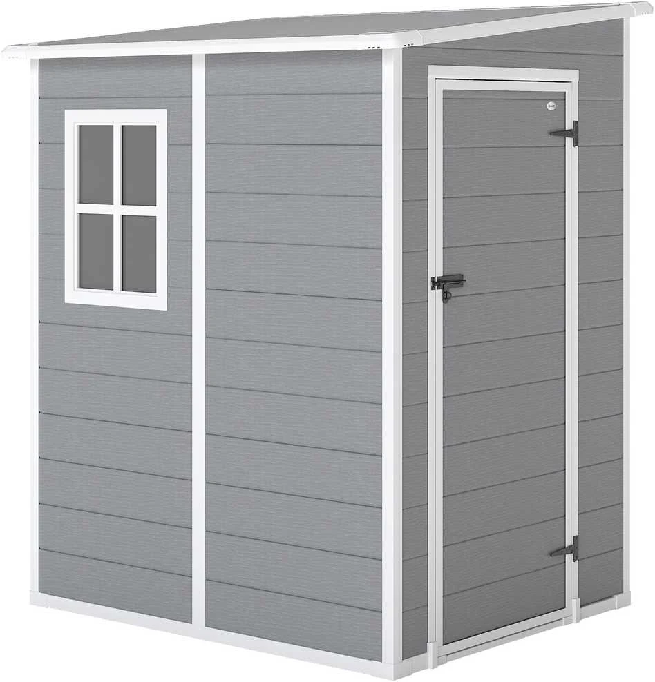 Outsunny sodo namelis, 1,54 m³, su vienšlaičiu stogu, 122 x 149 x 192/177 cm, rakinamas sandėliukas su langais, dviračių garažas, aliumininė sodo spinta, skirta kiemui, sodui, pilkos spalvos