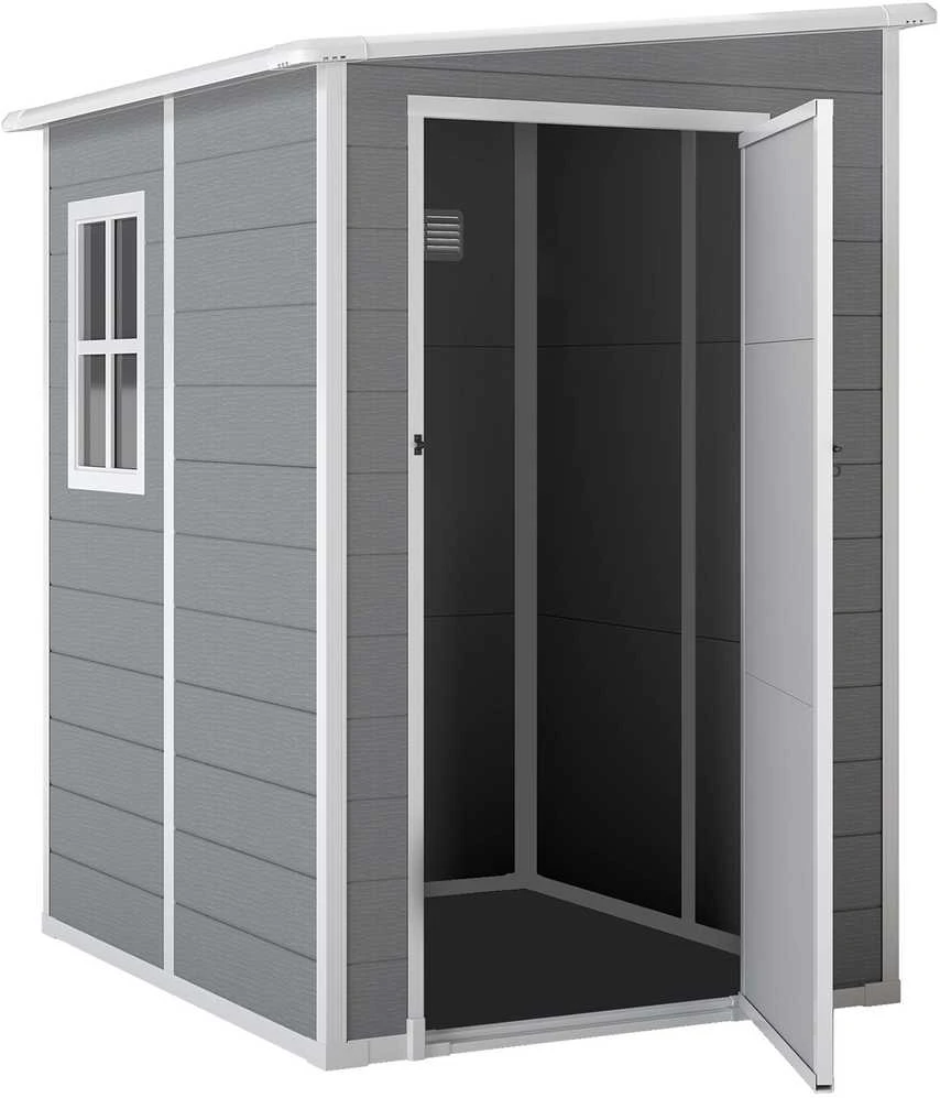 Outsunny sodo namelis, 1,54 m³, su vienšlaičiu stogu, 122 x 149 x 192/177 cm, rakinamas sandėliukas su langais, dviračių garažas, aliumininė sodo spinta, skirta kiemui, sodui, pilkos spalvos