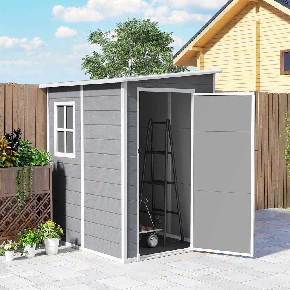 Outsunny sodo namelis, 1,54 m³, su vienšlaičiu stogu, 122 x 149 x 192/177 cm, rakinamas sandėliukas su langais, dviračių garažas, aliumininė sodo spinta, skirta kiemui, sodui, pilkos spalvos