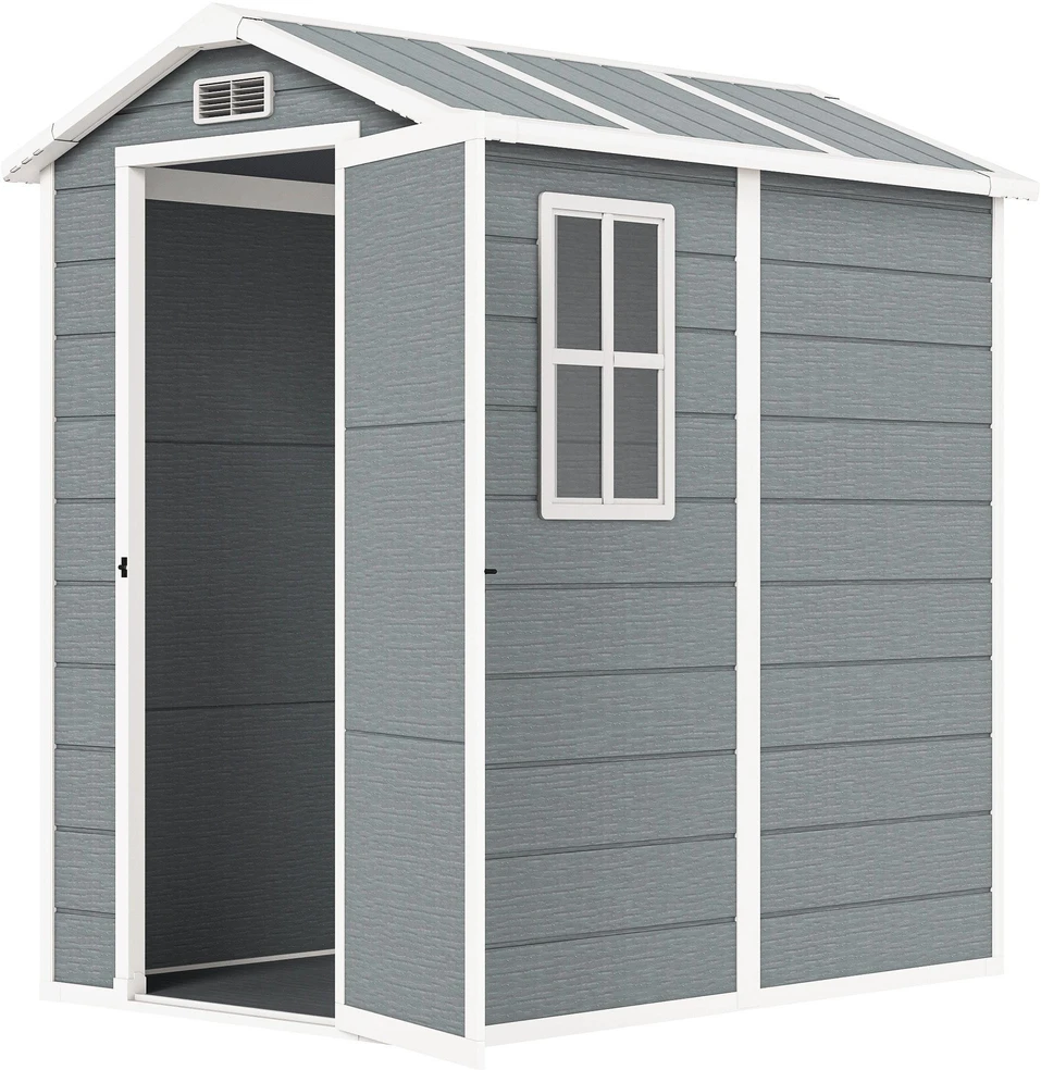 Outsunny sodo namelis 2,1m², vandeniui atsparus namelis su grindimis ir šlaitiniu stogu, 131x186x198/172 cm, rakinamas įrankių namelis su langu, aliumininė garažo tipo saugykla dviračiams, pilka