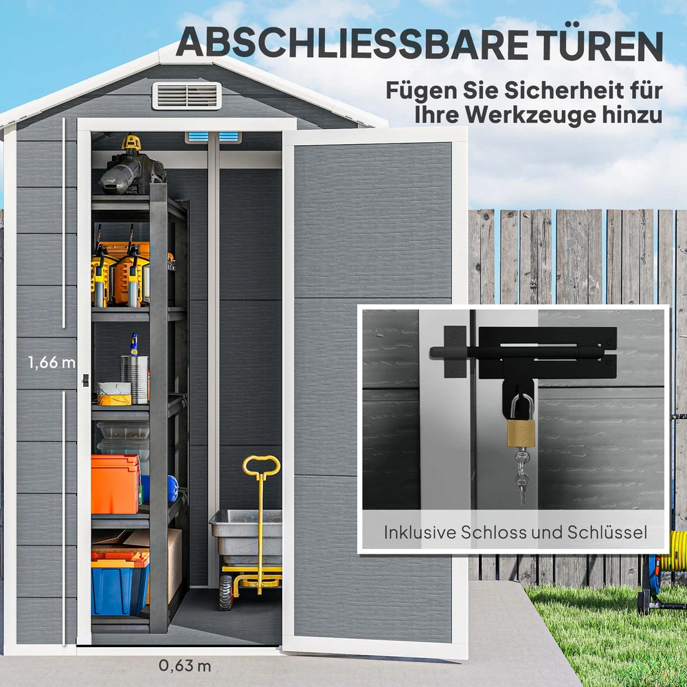 Outsunny sodo namelis 2,1m², vandeniui atsparus namelis su grindimis ir šlaitiniu stogu, 131x186x198/172 cm, rakinamas įrankių namelis su langu, aliumininė garažo tipo saugykla dviračiams, pilka
