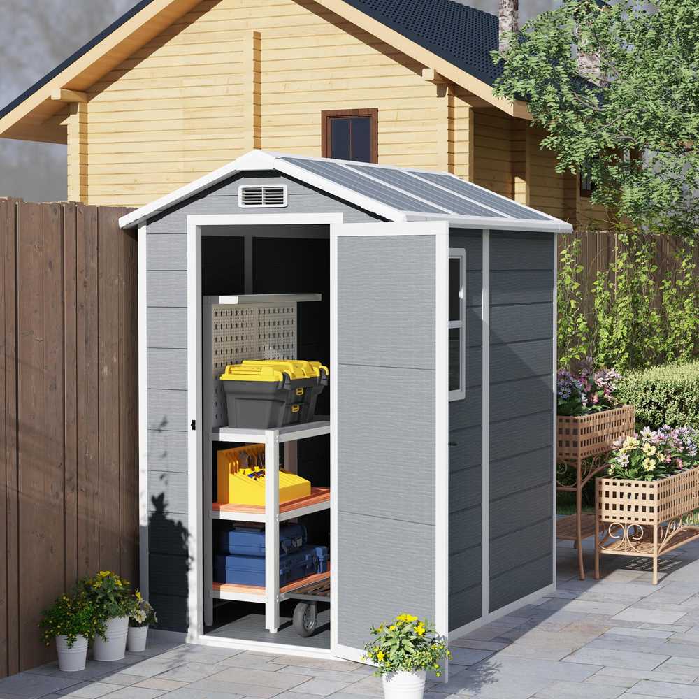 Outsunny sodo namelis 2,1m², vandeniui atsparus namelis su grindimis ir šlaitiniu stogu, 131x186x198/172 cm, rakinamas įrankių namelis su langu, aliumininė garažo tipo saugykla dviračiams, pilka