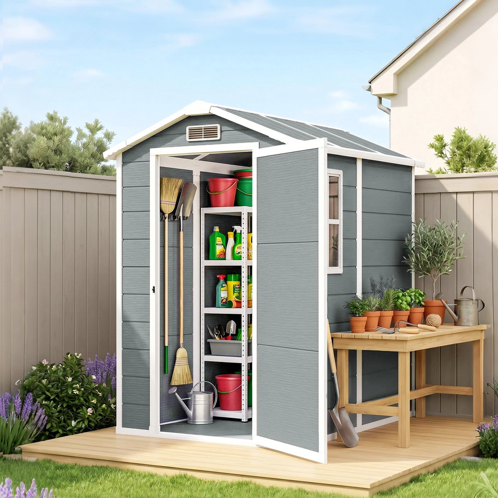 Outsunny sodo namelis 2,1m², vandeniui atsparus namelis su grindimis ir šlaitiniu stogu, 131x186x198/172 cm, rakinamas įrankių namelis su langu, aliumininė garažo tipo saugykla dviračiams, pilka