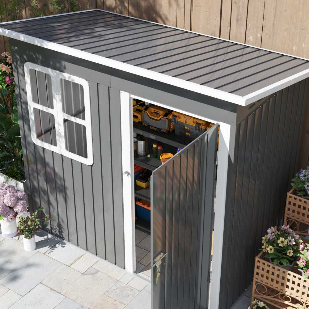 Outsunny sodo namelis 2,55 m², sodo sandėliukas su vienšlaičiu stogu, 221 x 133 x 190/173 cm, rakinamas įrankių namelis su langu, plieno sandėliukas dviračiams, tamsiai pilkas