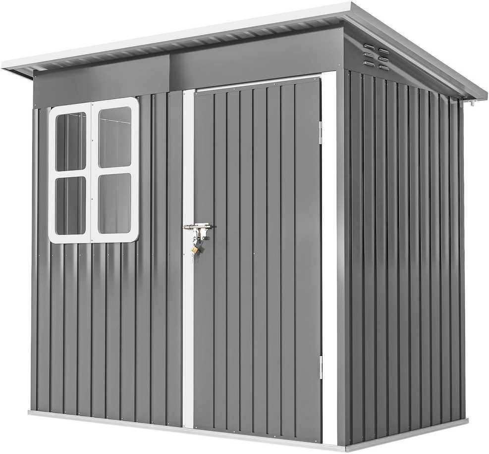 Outsunny sodo namelis 2,55 m², sodo sandėliukas su vienšlaičiu stogu, 221 x 133 x 190/173 cm, rakinamas įrankių namelis su langu, plieno sandėliukas dviračiams, tamsiai pilkas