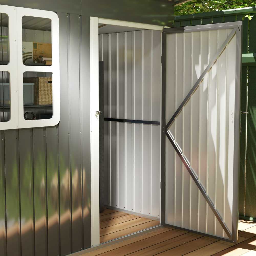 Outsunny sodo namelis 2,55 m², sodo sandėliukas su vienšlaičiu stogu, 221 x 133 x 190/173 cm, rakinamas įrankių namelis su langu, plieno sandėliukas dviračiams, tamsiai pilkas