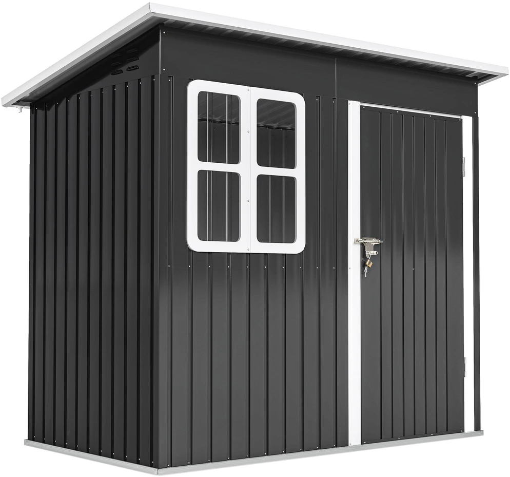 Outsunny sodo namelis 2,55 m², sodo sandėliukas su vienšlaičiu stogu, 221 x 133 x 190/173 cm, rakinamas įrankių namelis su langu, plieno sandėliukas dviračiams, tamsiai pilkas