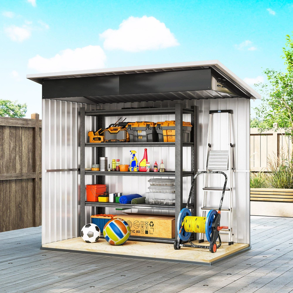 Outsunny sodo namelis 2,55 m², sodo sandėliukas su vienšlaičiu stogu, 221 x 133 x 190/173 cm, rakinamas įrankių namelis su langu, plieno sandėliukas dviračiams, tamsiai pilkas