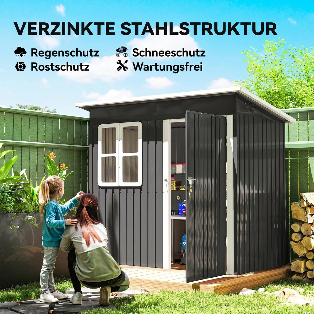 Outsunny sodo namelis 2,55 m², sodo sandėliukas su vienšlaičiu stogu, 221 x 133 x 190/173 cm, rakinamas įrankių namelis su langu, plieno sandėliukas dviračiams, tamsiai pilkas