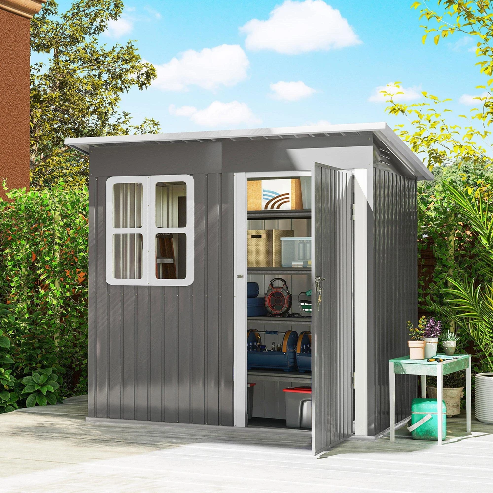 Outsunny sodo namelis 2,55 m², sodo sandėliukas su vienšlaičiu stogu, 221 x 133 x 190/173 cm, rakinamas įrankių namelis su langu, plieno sandėliukas dviračiams, tamsiai pilkas