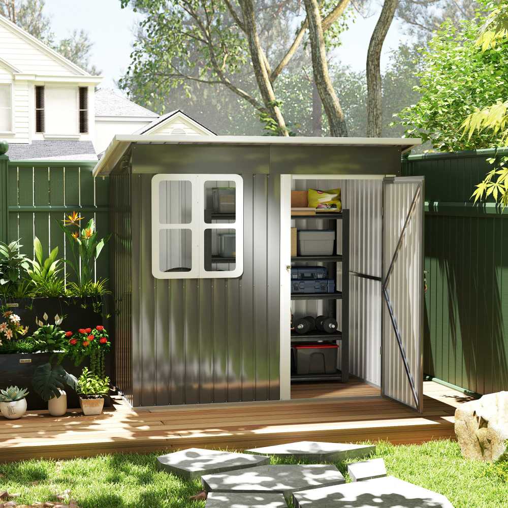 Outsunny sodo namelis 2,55 m², sodo sandėliukas su vienšlaičiu stogu, 221 x 133 x 190/173 cm, rakinamas įrankių namelis su langu, plieno sandėliukas dviračiams, tamsiai pilkas
