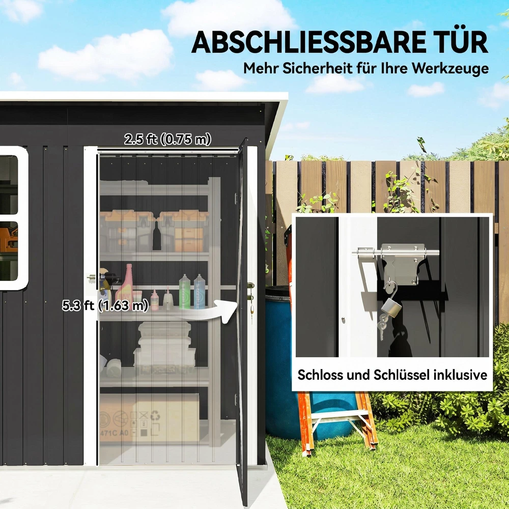 Outsunny sodo namelis 2,55 m², sodo sandėliukas su vienšlaičiu stogu, 221 x 133 x 190/173 cm, rakinamas įrankių namelis su langu, plieno sandėliukas dviračiams, tamsiai pilkas