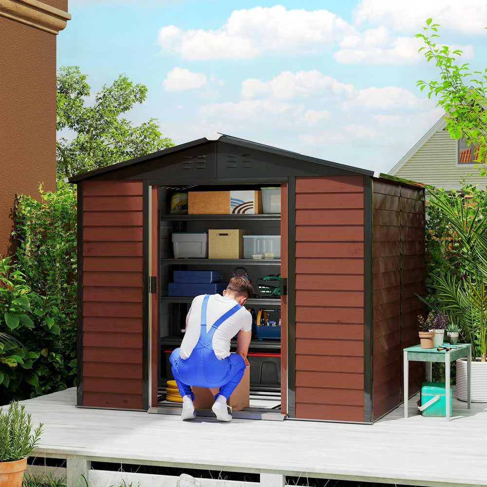 Outsunny sodo namelis 4,4 m², įrankių namelis su vienšlaičiu stogu, stumdomos durys, pamatas, 240 x 206 x 198 cm, įrankių pašiūrė iš cinkuoto plieno, atsparus oro sąlygoms, sodui, tikmedžio spalva