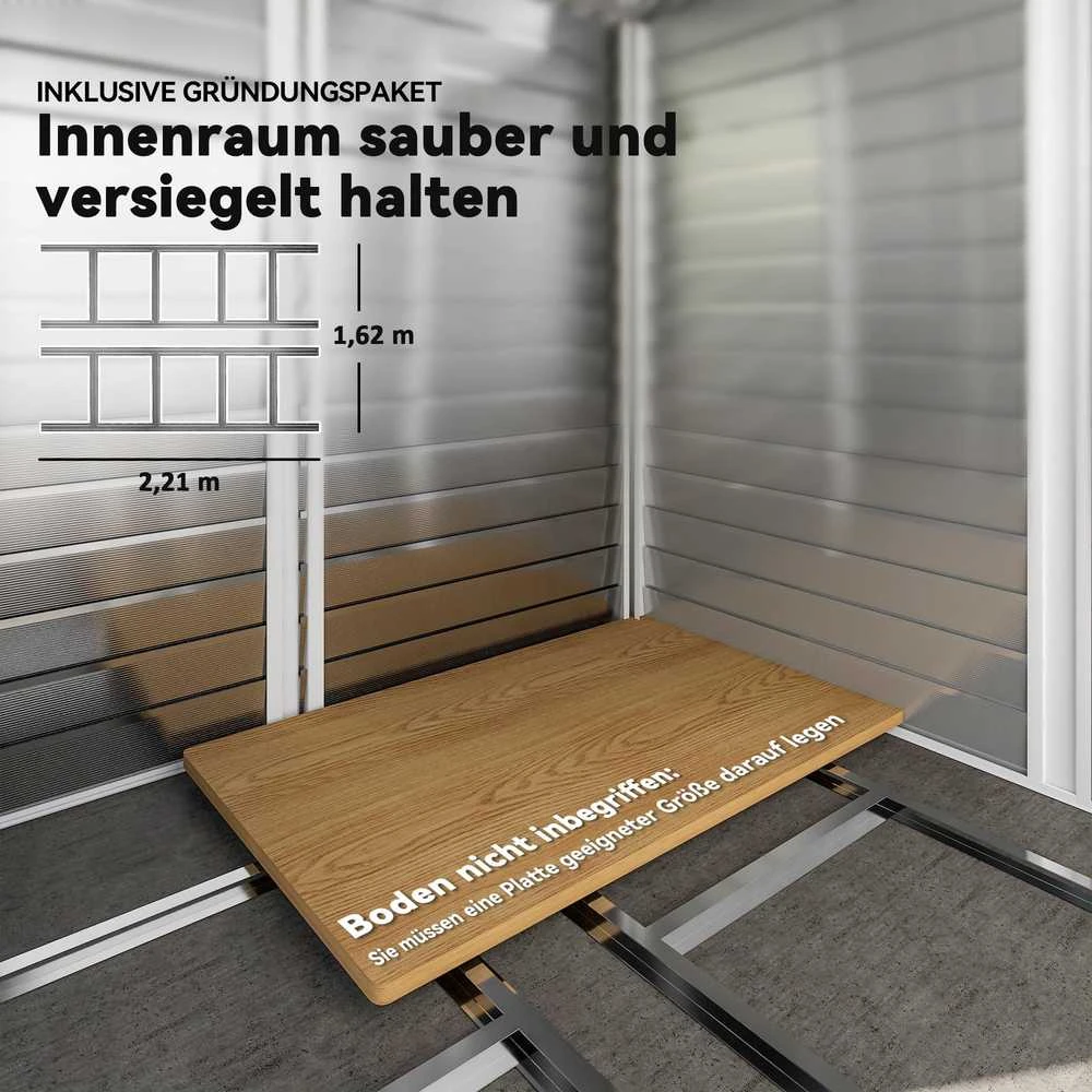 Outsunny sodo namelis 4,4 m², įrankių namelis su vienšlaičiu stogu, stumdomos durys, pamatas, 240 x 206 x 198 cm, įrankių pašiūrė iš cinkuoto plieno, atsparus oro sąlygoms, sodui, tikmedžio spalva