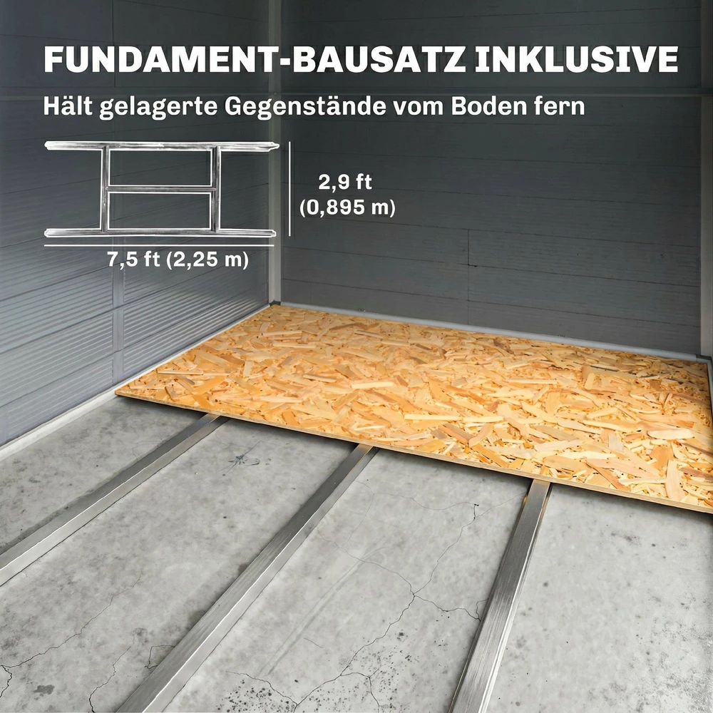 Outsunny įrankių namelis 4,1 m³, sodo namelis su vienšlaičiu stogu, 240 x 190 x 180/228 cm, rakinamas įrankių sandėliukas su durimis, langu, garažu dviračiams, sodo spinta iš aliuminio, kiemui, sodui, pilkas