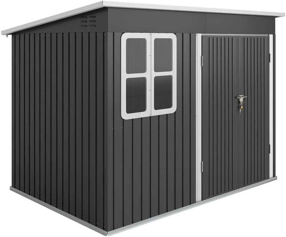 Outsunny sodo namelis 4,13 m³, įrankių namelis, 260 x 177 x 190 cm, sandėliukas su langu, rakinamomis durimis, garažas dviračiams, plieninė spinta sodui, kiemui, tamsiai pilka