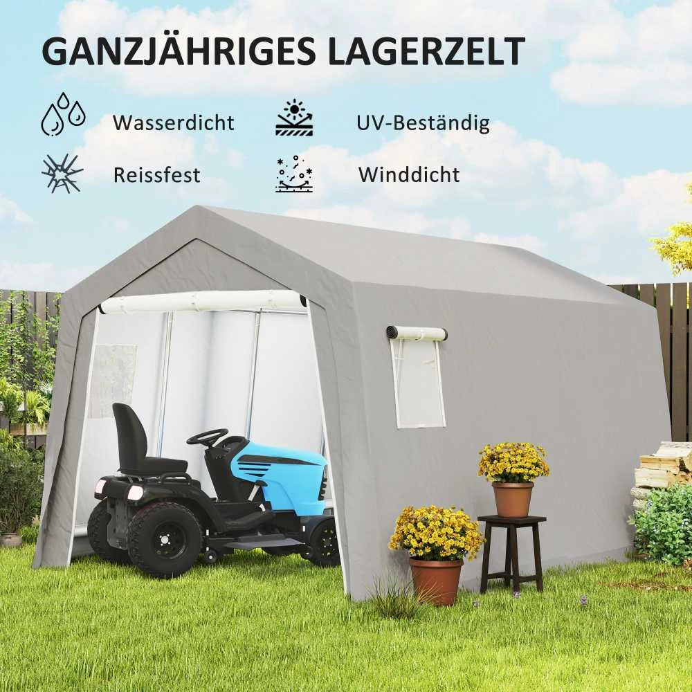 Outsunny sodo namelis su dvišlaičiu stogu, atsparus vandeniui, su durimis, langais ir apsauga nuo dulkių, folinis garažas dviračiams, terasai, sodui, 300 x 447 x 255 cm, šviesiai pilkas