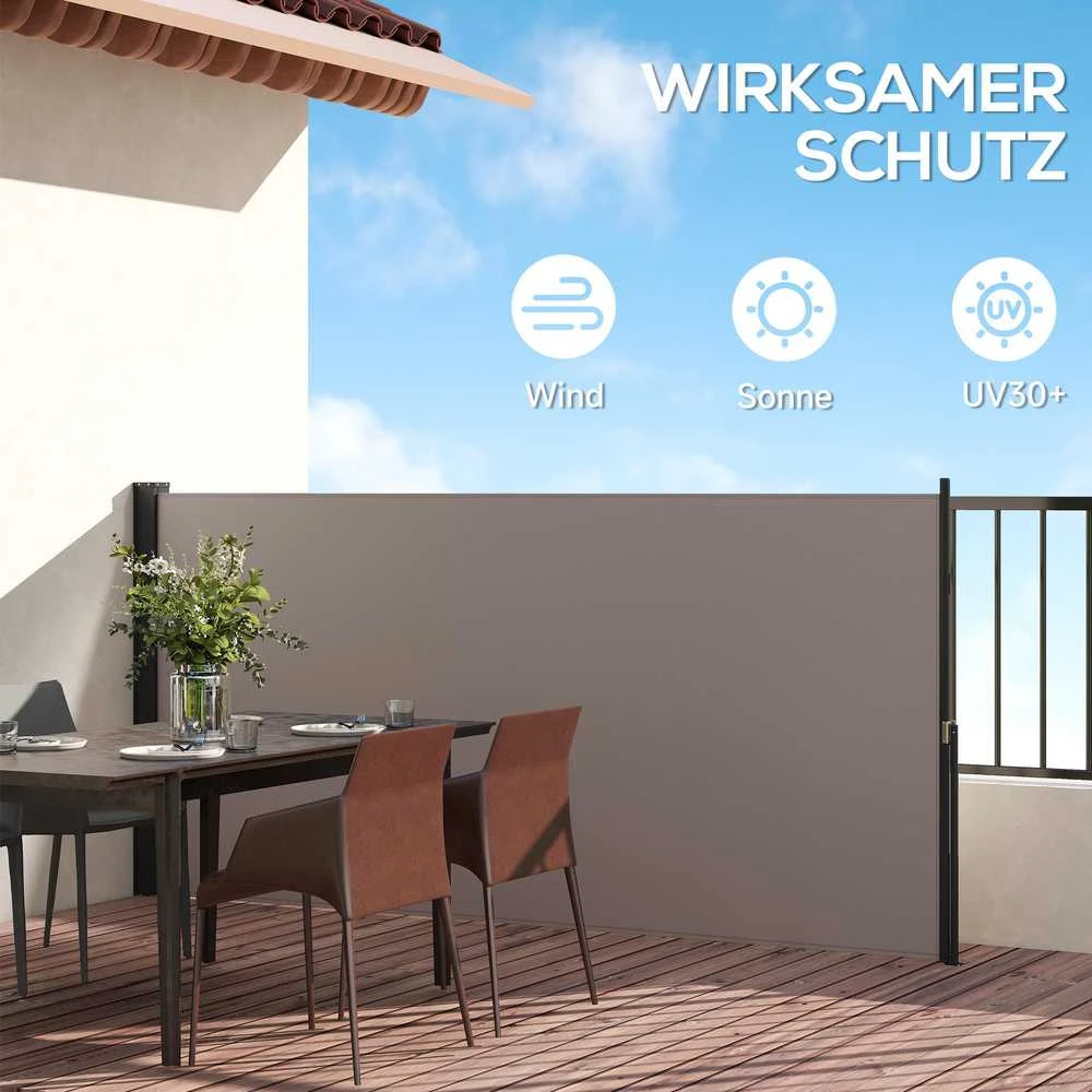 Outsunny ištraukiama šoninė markizė, 300 x 140 cm sodo markizė, apsauginė sienelė su UV apsauga, apsauga nuo vėjo, metalas, poliesteris, šviesiai pilka