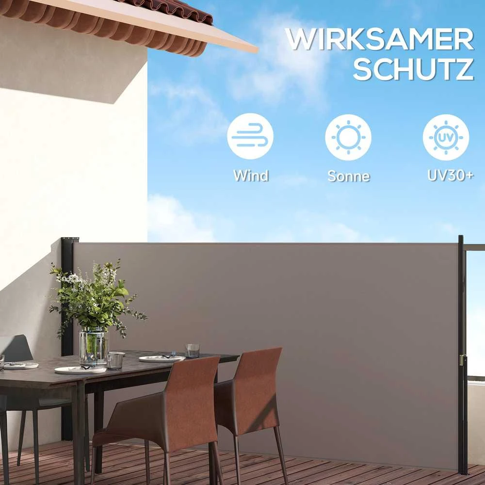 Outsunny ištraukiama šoninė markizė, 300 x 140 cm sodo markizė, apsauginė sienelė su UV apsauga, apsauga nuo vėjo, metalas, poliesteris, šviesiai pilka