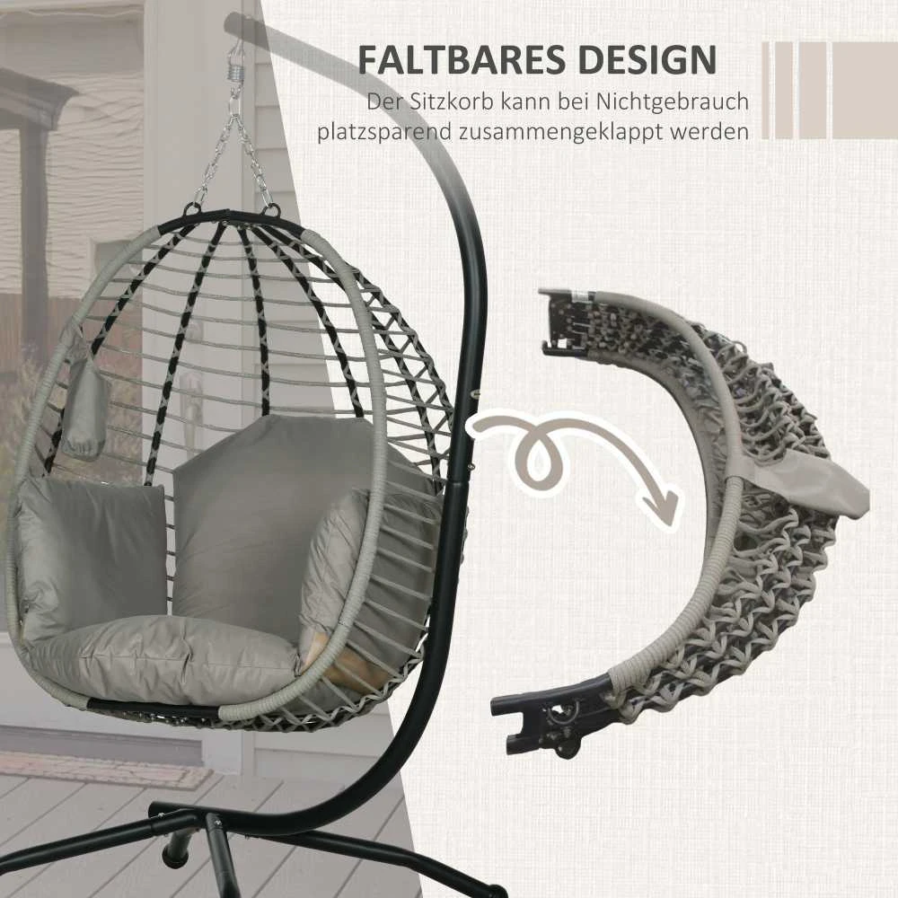 Outsunny pakabinamas krėslas, sūpynės su puodelio laikikliu, sulankstoma sėdynė, pakabinama kėdė su pagalvėlėmis, rotango imitacija, keliamoji galia iki 120 kg, plienas, pilka