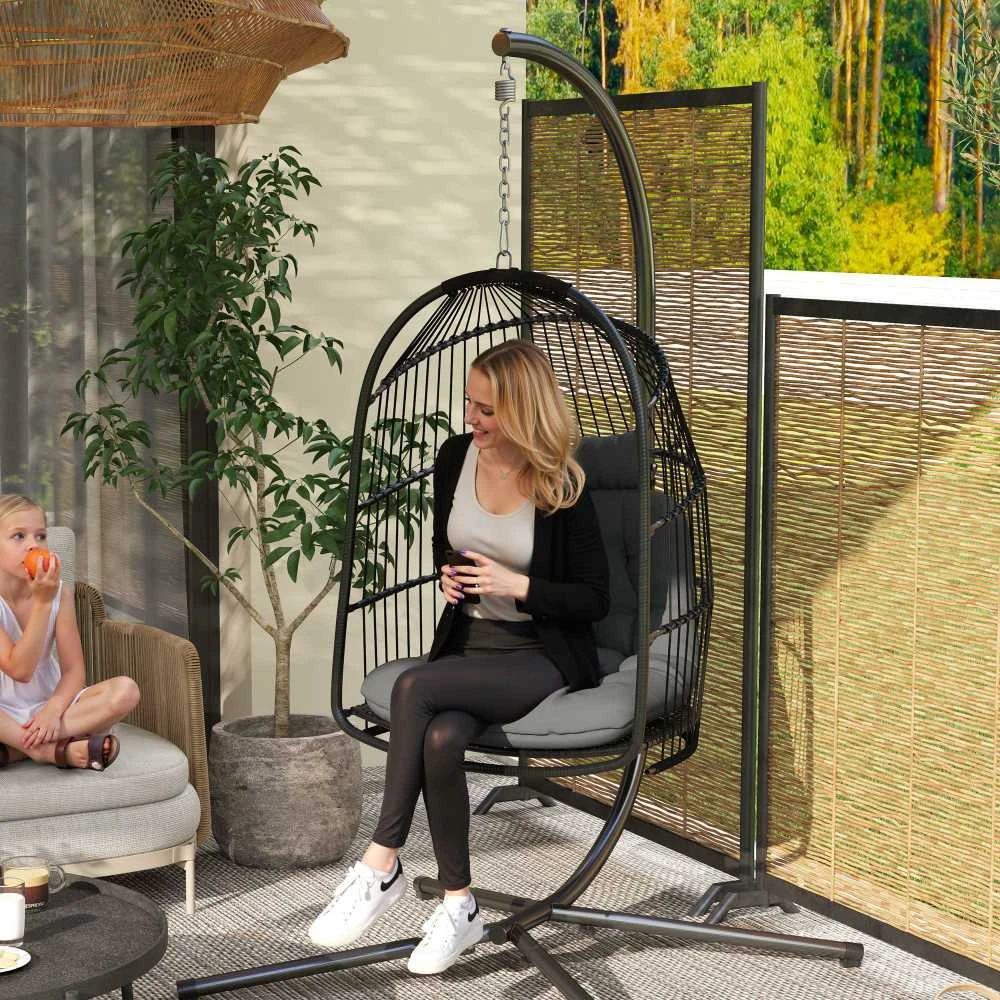 Outsunny kabančio krėslo pintas krepšys su pagalvėlėmis, poliratano sūpynės, lauko/vidaus sulankstomas kabančio krėslo fotelis, atlaikantis iki 150 kg, kabančios sūpynės, krepšio tipo kėdė svetainei, balkonui, terasai, tamsiai pilka