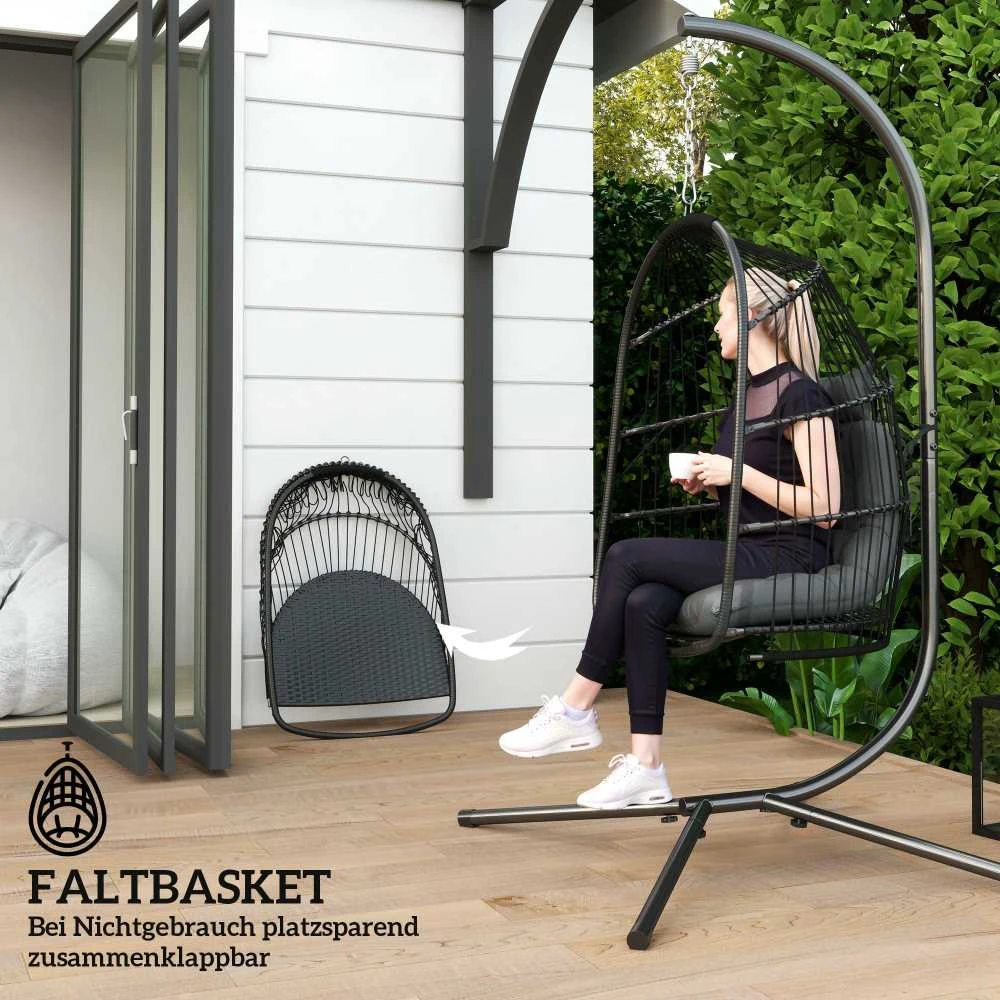 Outsunny kabančio krėslo pintas krepšys su pagalvėlėmis, poliratano sūpynės, lauko/vidaus sulankstomas kabančio krėslo fotelis, atlaikantis iki 150 kg, kabančios sūpynės, krepšio tipo kėdė svetainei, balkonui, terasai, tamsiai pilka