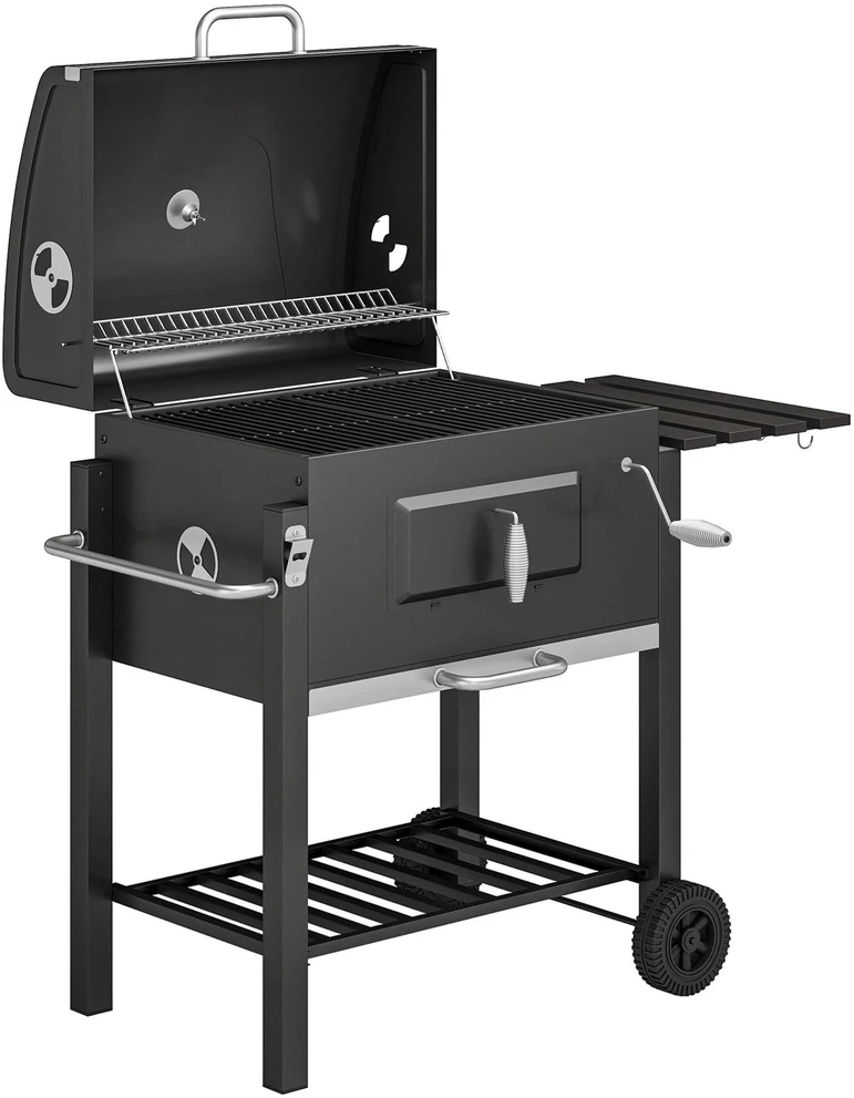 Outsunny kepsninė ant ratukų, medžio anglies grilis, BBQ pastatomas grilis, nerūdijantis plienas, juoda, 113x65x108 cm